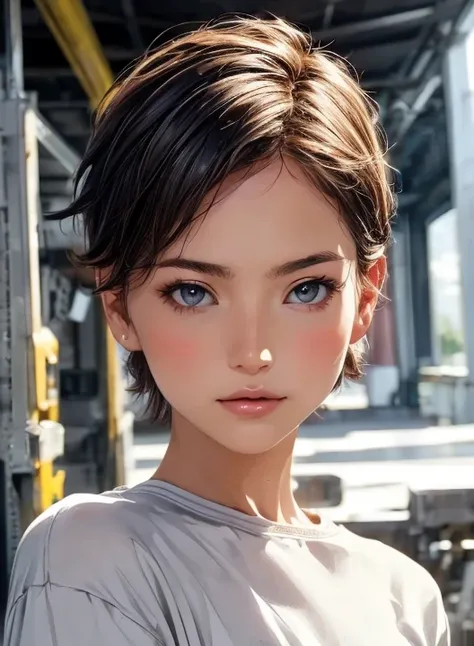 (  Masterpiece  :1.3), (  top quality : 1.4), 
 Cinematic Lighting , 
( 1 girl),  beautiful face, ( realistic face), 
 beautiful hairstyle :1.8, (Super short hair:1.4),
  Real Eyes ,  beautiful detailed eyes, 
(  Real Skin),  beautiful skin, 
( casual fash...