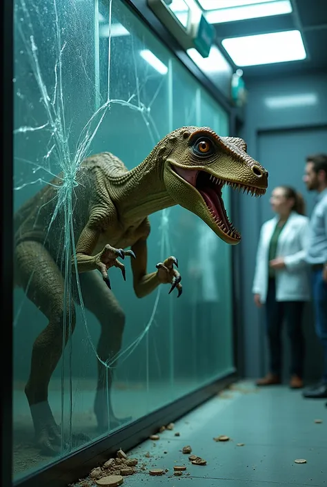 "In a high-tech laboratory, a Troodon is confined inside a large glass enclosure. The creature’s large, intelligent eyes glint with curiosity and anger as it scrambles at the glass with its sharp claws. The glass is slowly beginning to crack under the rele...