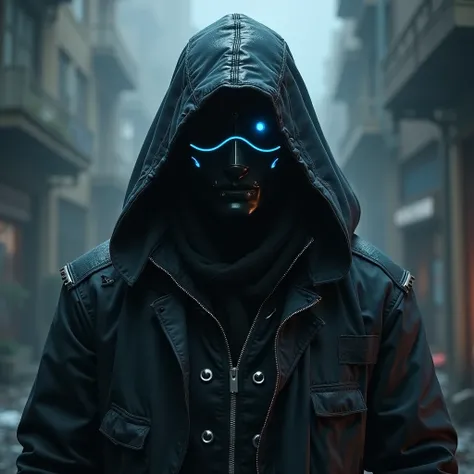 Develop a mysterious character aimed at gamers, with an enigmatic look that combines dark and technological attire, such as a hood that partially covers the face, pulsating neon details and a mask that hides their true identity. This character should have ...