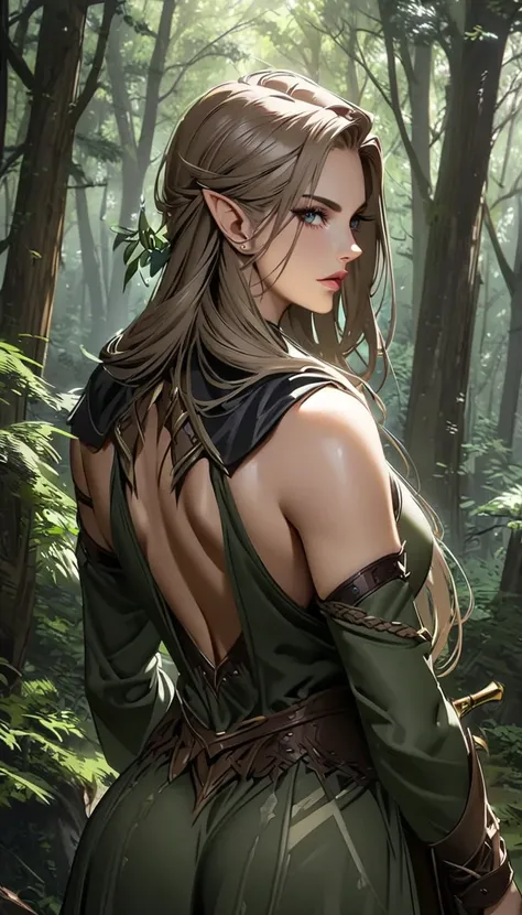 Mysterious,Beautiful High Elf Girl,Beautiful back,Alluring,Hunter Outfit ,forest,Character portrait,dagger,Strong Will