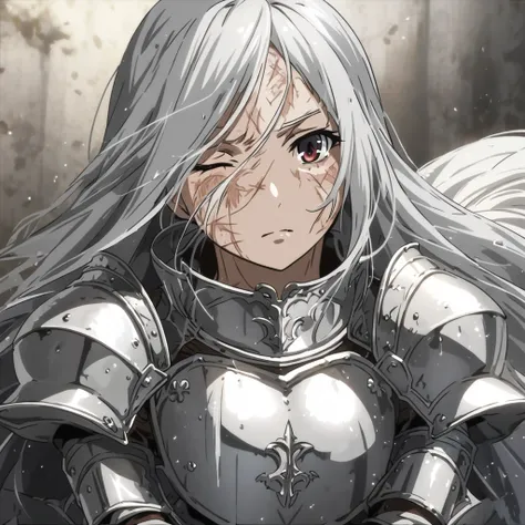 A beautiful woman, one eye is bright red and blinds the other eye long greyish white hair, with some old scars on the face,  medieval plate armor without breasts, shiny medium dark silver , Very softly pulled style for anime.