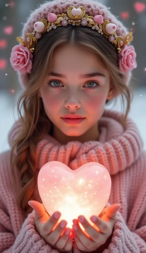 A spiritual princess of love, holding a magical heart-shaped crystal. She is a charming, adorable, and divine young woman in her 20s with a princess-like aura. The image features pink and gold tones, showing her facing forward in a bust shot. Her expressio...