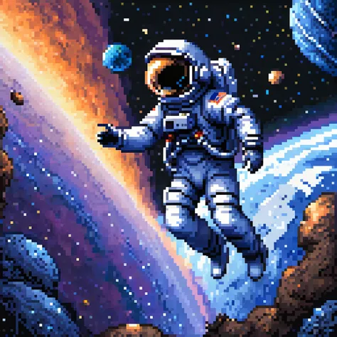 A very vast galaxy, surrounded by blue and black intertwined, an astronaut floating in space watching all this, the astronauts space suit is blue, the earth is moving away from the astronaut，8bit, pixel art