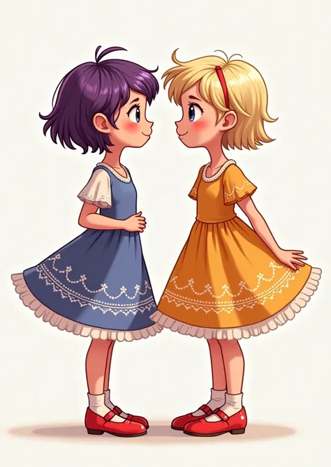 Two cartoon girls, one with short purple hair and the other with short blonde hair, full body with adult dress and body 