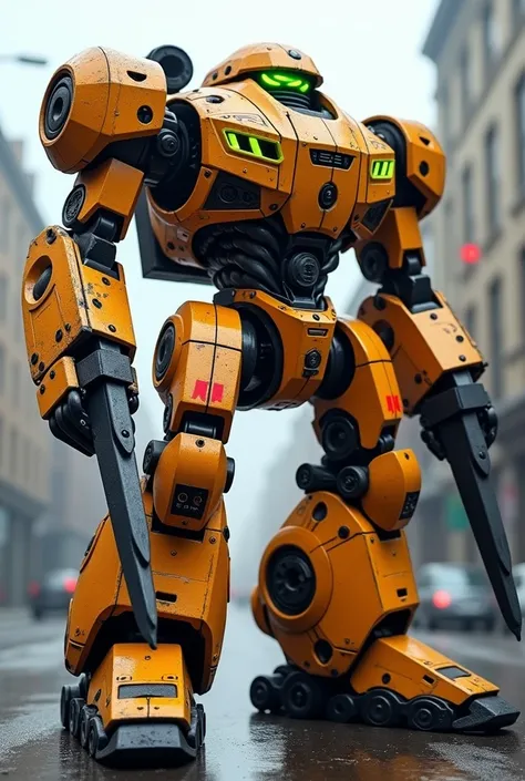 Large combat robot with the hands of diggers in yellow, orange, black and red colors , His eyes light up while you can tell that in his back he now has two drills that point forward he is in a metal city.