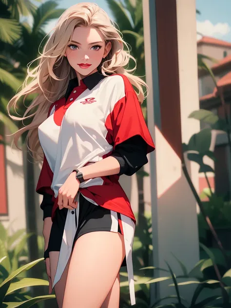  Masterpiece,  better quality, (photorealistic :1.4), 1 girl,  full body shot ,  a beautiful woman, shirt, (Bermuda:1.2), ( sports uniform:1.3), (skinny, Athletic:1.1), ( long hair, blonde hair:1.1),  detailed face ,  smiling,  red lipstick,  big lips,  me...