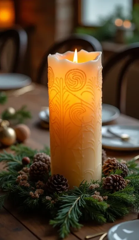 Handmade candle as a Christmas centerpiece 