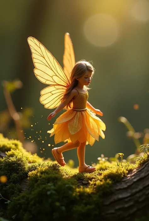 Create a photorealistic 9 : 16 of a miniature fairy with luminous wings and a dress of golden petals.  She walks delicately on a trunk covered in shiny moss , as she leaves a trail of stardust behind her .