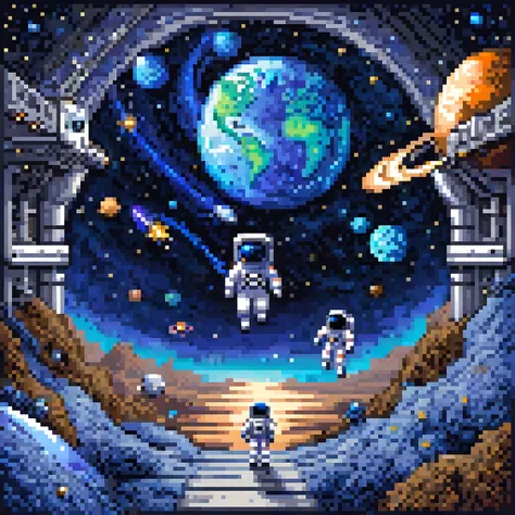 A very vast galaxy surrounded by blue and black intertwined, astronauts floating in space watching it all, the astronauts spacesuits are blue, the Earth is moving away from the astronauts，8bit, pixel art