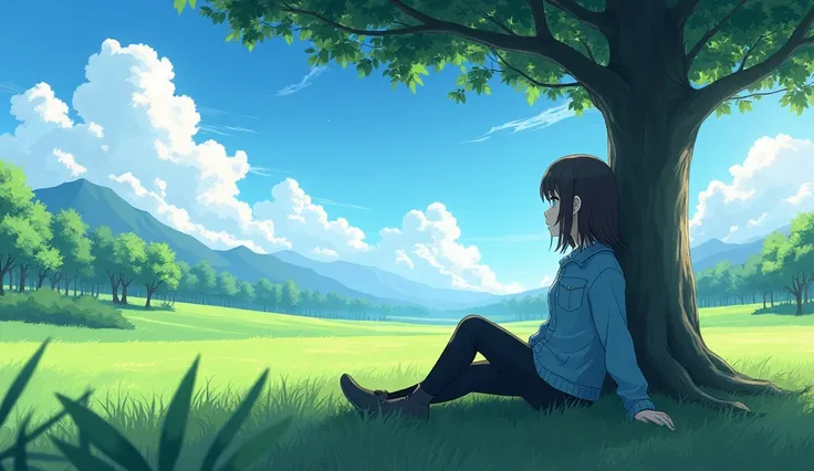  you can make an 18-year-old girl ,  white skin ,  dark brown hair and waist length ,  sky blue eyes, light blue flannel ,  black pants ,To be sitting on the ground under a tree watching the landscape, anime style 