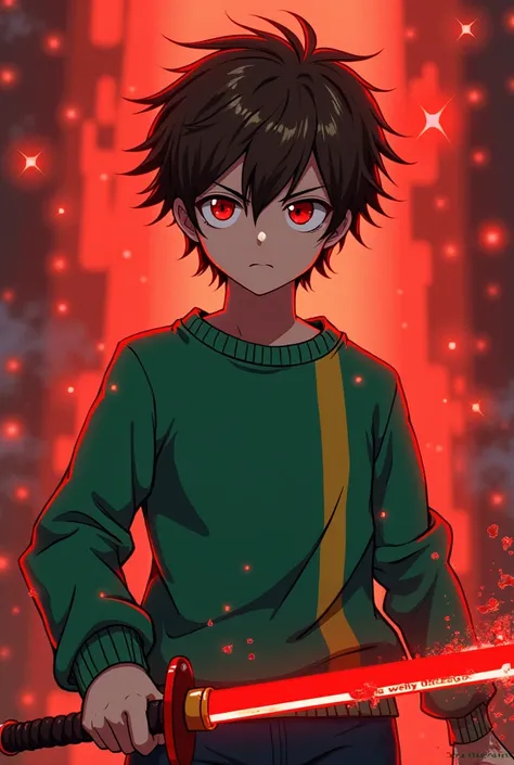 a anime boy who had short brown hair with green 1-yellow-striped sweater, red eyes, red sword and a glitching red-like effect