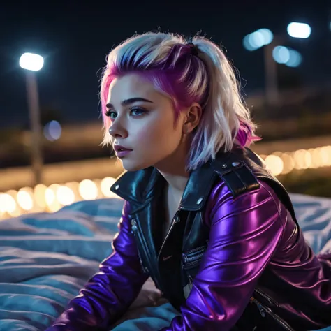 ((Highest Quality)), ((Masterpiece)) (8K, Masterpiece: 1.2), (Hyper-detailing), a full-body shot of a lifelike beautiful woman, 20-year-old Chloe Grace Moretz, with her eyes gazing into the landscape. The scene depicts her lying down on a bed at night, exu...