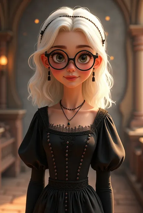 Cute girl in black medieval dress with black strap and medium white hair and round glasses,disney style