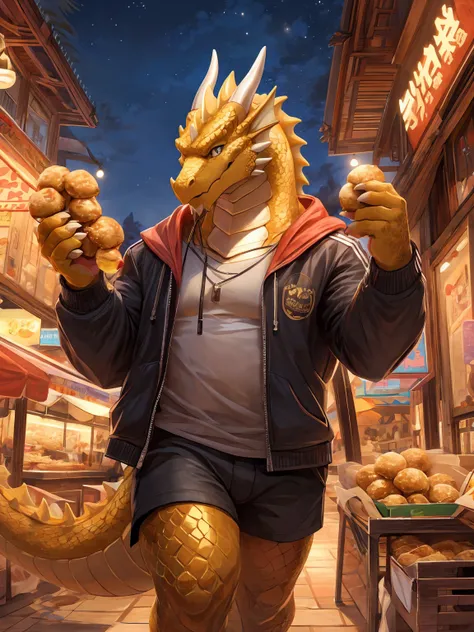 (golden scales:1.3), (golden fur), dragon, solo, paw pads details, cover page, top quality, paid reward available, unparalleled masterpiece, perfect artwork, Eating takoyaki, at night, in Food court, curious, easygoing, masterpiece, (16K), HD, Various faci...