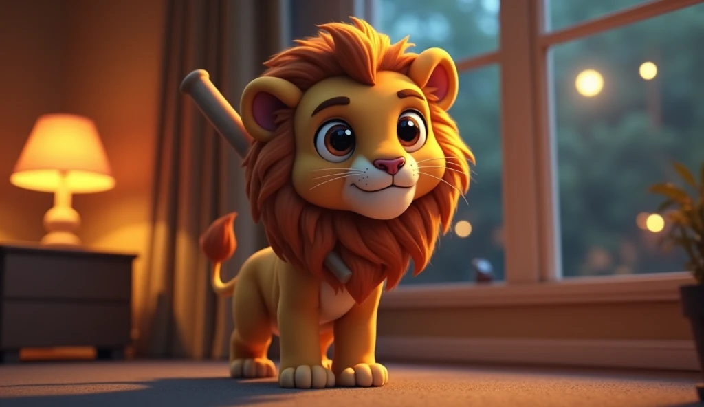 The anthropomorphic lion character, with a cute face, is holding a baseball bat and walking towards the window, a bit scared. The scene is in the evening, warm light comes from the night lamp.