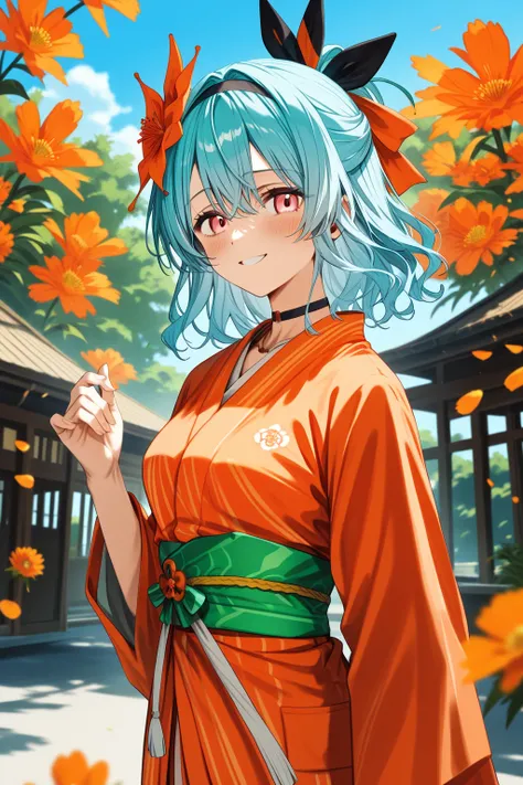 romancing saga 2, (half updo),medium hair,pink eyes, light blue hair, hair ornament, black hairband, orange flower kanzashi,(light orange yukata, emerald green obi), bangs ,black choker,necklace
BREAK
largish eyes ,oval face,medium breasts,Moist eyes、Gentl...