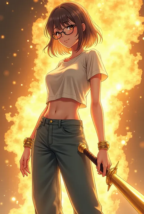 Realistic anime image,a woman, 50 years,  brown-eyed  , wearing rounded glasses , brown hair with gray details ,  shoulder-length hair ,  wearing jeans tight at the waist and wide at the legs ,  short sleeve shirt,  shirt tucked into pants ,  wearing gold ...