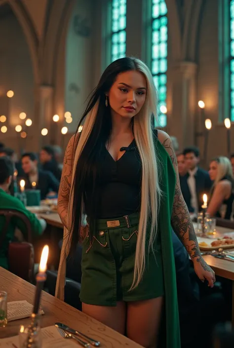 Hogwarts dining hall, slytherin robes, black and green shirt, black and green mini skirt, long black and white hair, tattoo sleeves