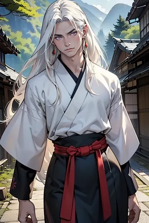 ((masterpiece)), (((best quality))), solo, 1 male, pale white skin, (long white hair), (((straight hair))), shoulder-length hair, side part, very handsome young man, lean, tall, broad shoulders, (large chest), (wide hips), (thick thighs), purple eyes, trad...