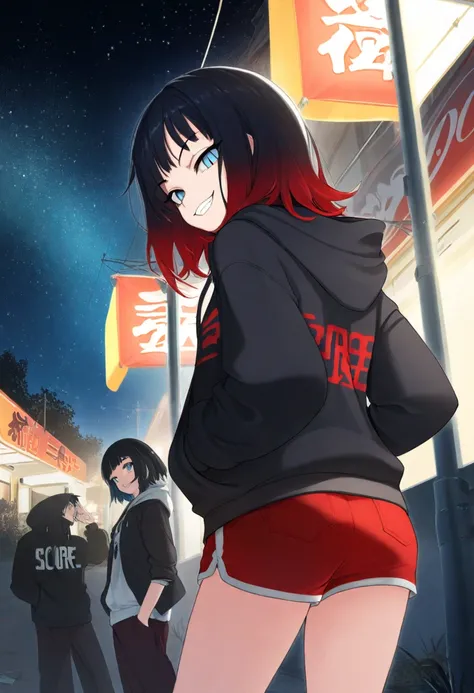 1girl, masterpiece, starry sky, night, bangs, red shorts, scenery, medium hair, outdoors, looking back, blue eyes, black hair, smug, grin, delinquent, hands in pockets, hoodie, gradient hair, red hair, slit pupils,