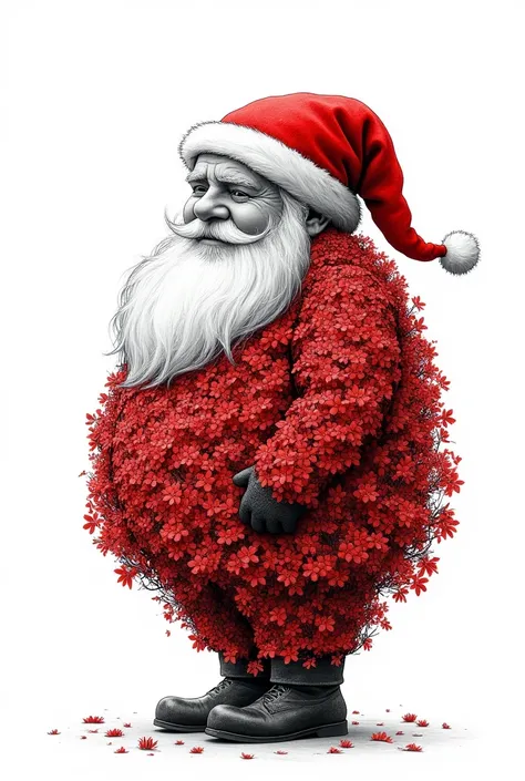 Double exposure, line art, funny cartoon illustration, monochrome Santa Claus with plump and impatient face, BREAK covered with red cyclamen flowers, ultra detailed, absolutely resolution, masterpiece