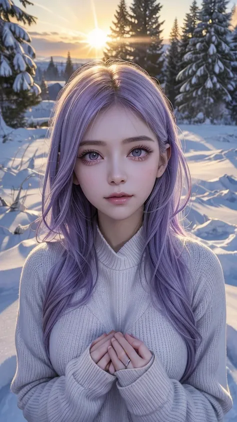 (1girl), sorrowful face, 
beautiful big eyes, lilac hair,
own hands together,
snow in the hair, dawn, beautiful face cold midwinter morning, snow falling, the sun is rising, the sky is about to brighten with the early morning sun, the sun is shining on her...