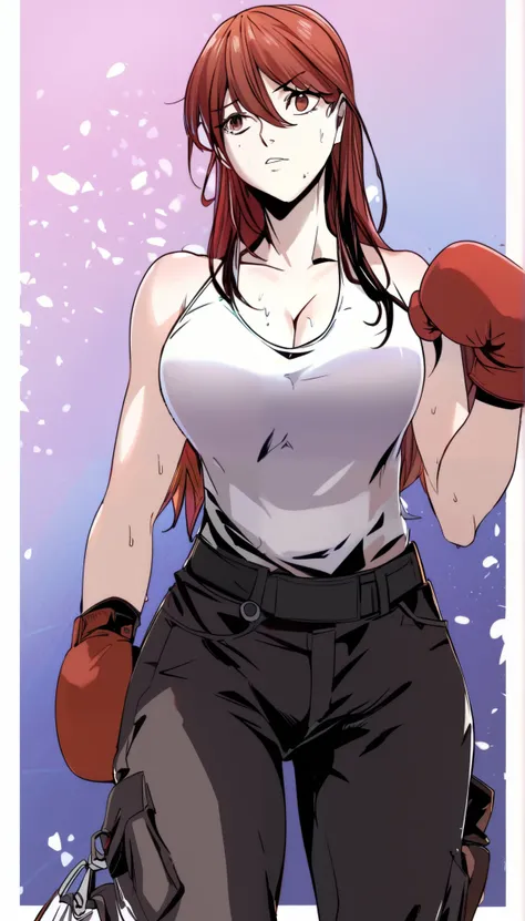 black hair,masterpiece,best quality,highres,ultra-detailed,aashizue,long hair,cargo pants,(tank top:1.2), boxing gloves,cleavage,toned, sweating, (sleeveless:1.4),cowboy shot,