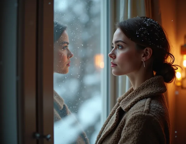 Christmas Day, Scandinavian actress model (Ultimate Photo: ), a woman standing outside looking out the window at the falling snow. Her image is clearly reflected in the window glass .