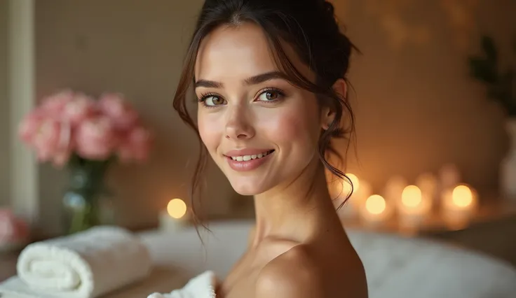  A stunning close-up portrait of a beautiful woman with flawless skin, perfect makeup, and elegant hairstyle. She is relaxed and confident, with a slight smile. The background is a blurred image of a luxurious spa interior with soft lighting, flowers, and ...