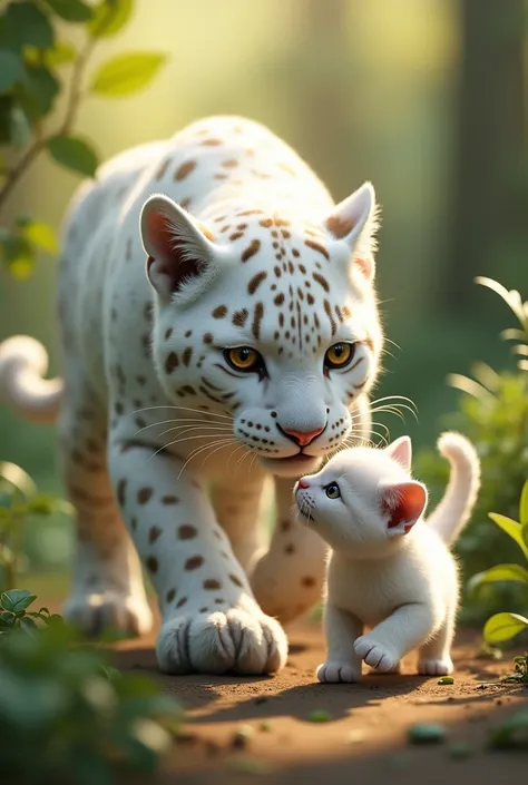 A white jaguar playing with a baby cat