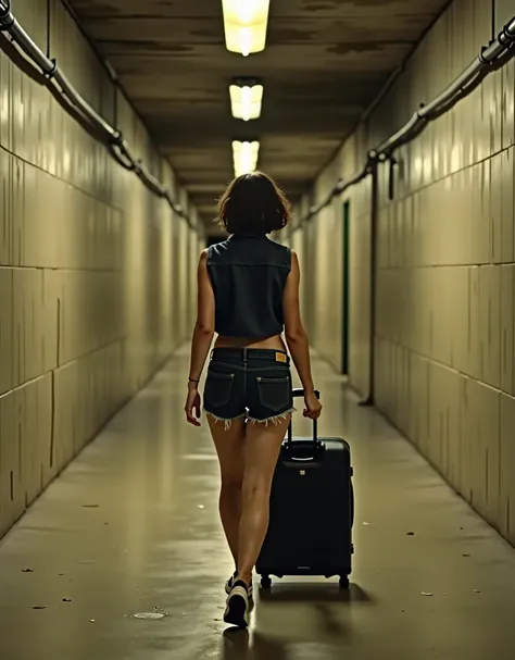 Wide shot from behind of a determined young woman walking down a concrete basement corridor. There are no doors and the corridor is lit from yellow tube lights in the ceiling. The woman is short. She has her hair cut into a messy dark brown bob, and she is...