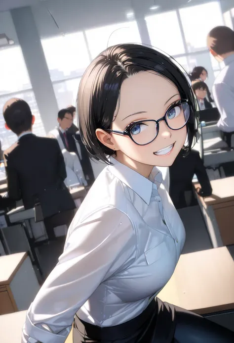 RAWphoto,photorealistic,8k16k,best quality,perfect anatomy,perfect detailed,ultra highres, extremely detailed eyes and face,gleaming skin,shiny skin,1girl,Japanese,black short hair,pixie cut, (wearing glasses:1.3),(parted bangs,forehead:1.2),round face,med...