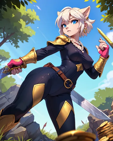 (masterpiece, best quality:1.1), thief (dq3), 1girl, solo, short hair, white hair, blue eyes, medium breasts, pink gloves, jewelry, pearl necklace, earrings, belt, sword, yellow breastplate, black bodysuit, bag, (coin, sword on hip:1.2), (dutch angle, dyna...