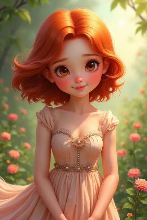 A red-haired girl with a chubby body in a dress 