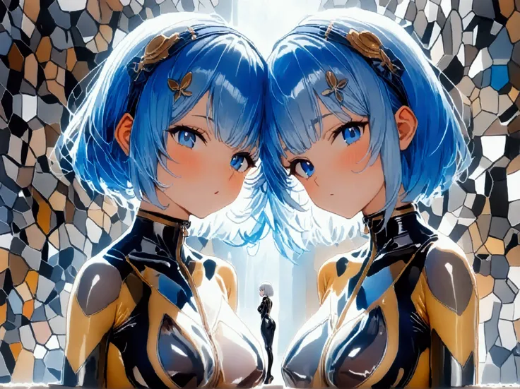 (2 girls),(最High image quality, 8k, masterpiece:1.3), (24 years old:1.5), (Grey Hair), ( bob cut), (Oblique sky blue eyes), ((full-body rubber suit、blue、yellow line、no zipper 、Rubber Suit、Gloss、、Perfect fit、A design with a line in it、Hip line、Full body sho...