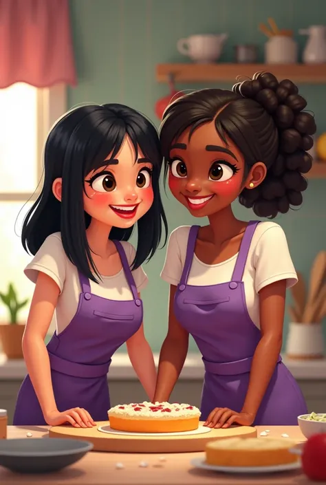  Pixar poster of two cooking girls wearing purple aprons ,  one with straight black hair down to the shoulders and red lips, The other dark brown girl with light laughs 