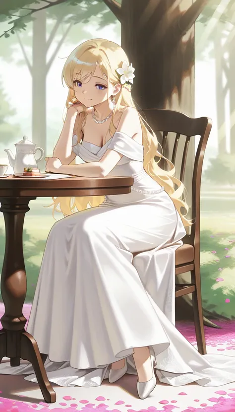 elegant style, soft realism, best quality, beautiful blonde-haired woman in intricate white goddess dress, sitting gracefully, elegant jewelry, hair ornament, hair flower, pearl necklace, peaceful and refined atmosphere, pink petals scattered on the ground...