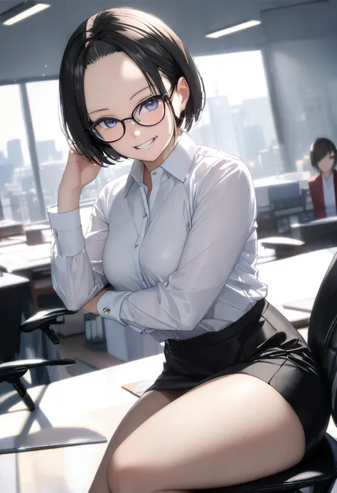 RAWphoto,photorealistic,8k16k,best quality,perfect anatomy,perfect detailed,ultra highres, extremely detailed eyes and face,gleaming skin,shiny skin,1girl,Japanese,black short hair,pixie cut, (wearing glasses:1.3),(parted bangs,forehead:1.2),round face,med...