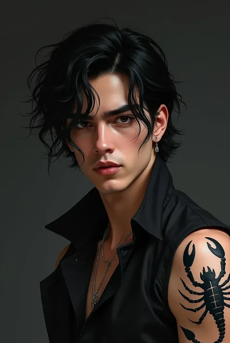 21 year old man,  wavy black hair, slightly tanned skin, piercing on the right side of the eyebrow ,  and a scorpion tattoo on the right arm