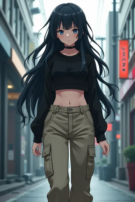 with long wavy black hair with heterochromia with a black croped and beige cargo pants with a black shoe skin color white adolescent anime style Tokyo Revengers