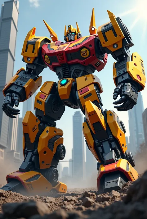 Large combat robot with digging claws in yellow, orange, black and red colors,  his eyes light up while on his back he has two holes that point forward , He is fighting in Iacon .