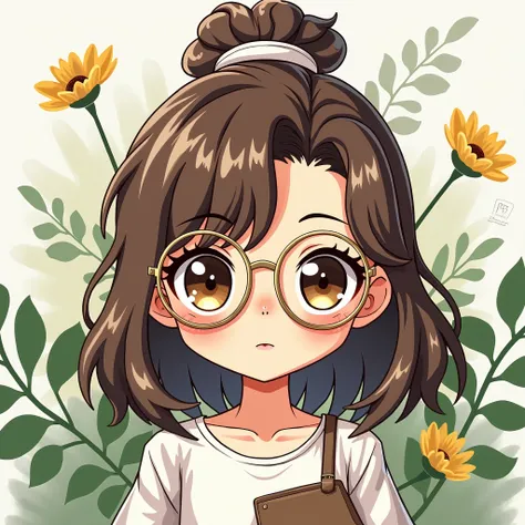  masterpiece ,  best quality ,  woman long dark brown hair ,  large and shiny medium brown eyes, pele morena,  square face , Paints on the upper right lip .  rosy cheeks .  wears glasses with a thin golden frame . 