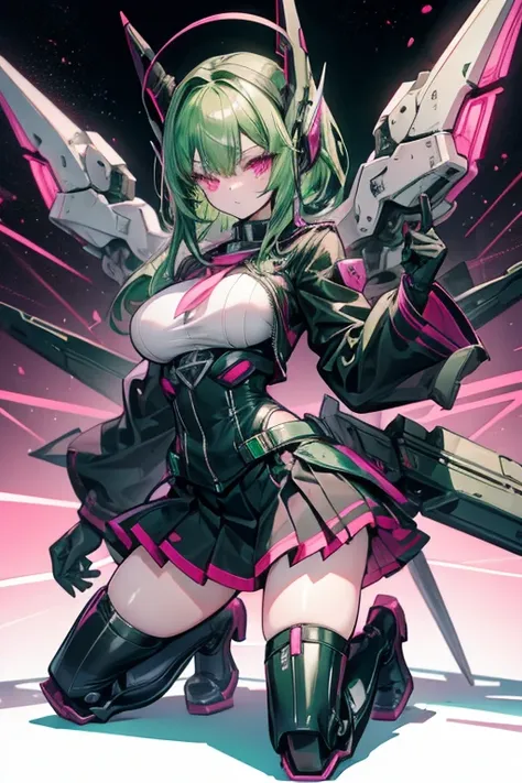 Green hair, pink eyes, black seifuku, boots, stockings, kneeling, large breasts, mechanical parts, headgear