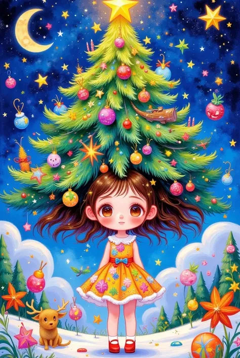 there is a cartoon girl with a christmas tree on her head, jen bartel, magical tree, seasons!! : 🌸 ☀ 🍂 ❄, colorfull illustration, a beautiful artwork illustration, with a tall tree, christmas tree, magic tree, fairy-tale illustration style, by JoWOnder, la...