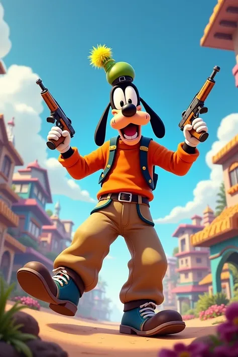 Make a clown that looks like Goofy playing Free Fire 