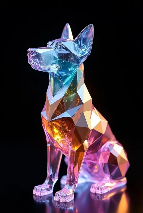 a close up of a colorful crystal dog on a black background, digital art by Ivan Ranger, trending on polycount, crystal cubism, made of crystal, made of crystals, crystal, medium poly, very detailed and high quality, statue made of glass, made out of clear ...