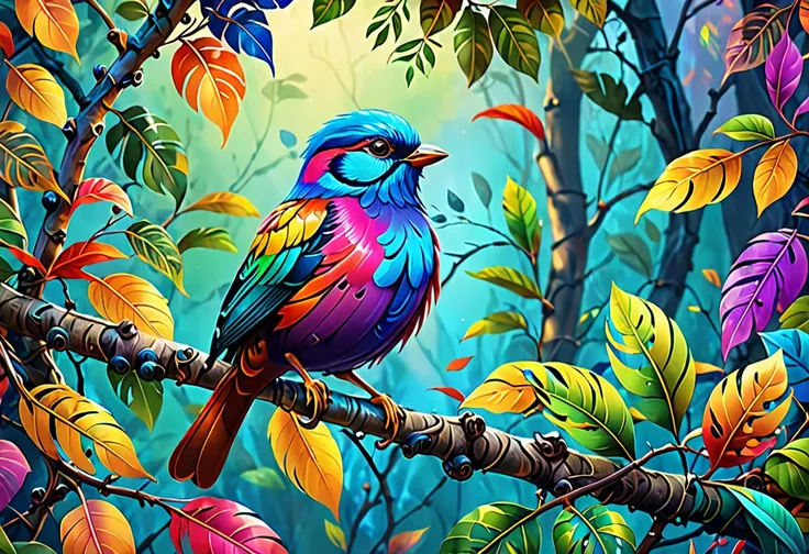  colorful bird perched on a branch with leaves on the background,  digital painting inspired by Charles Bird King,  shutterstock ,  fantasy art, Colorful 8k,   colorful HD images  , Colourful birds and long,  beautiful、 and colorful ,  4k high definition d...