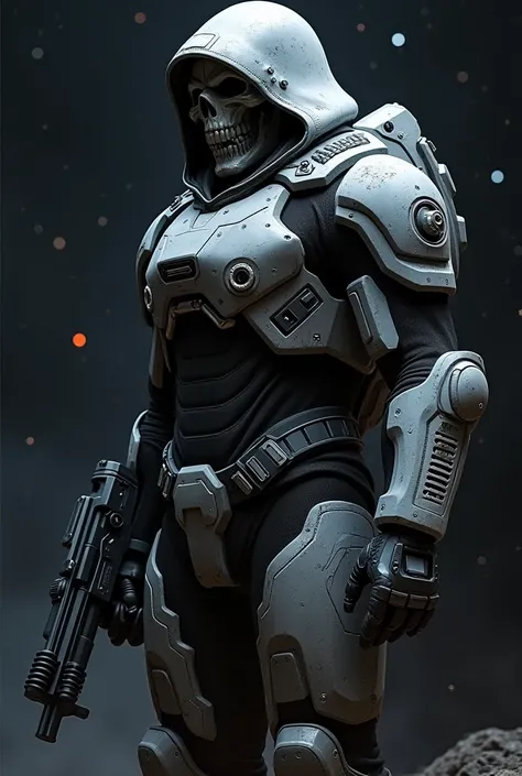 Create a space soldier wearing black Halo MJOLNIR Mark-VI Gen-3 armor and a hooded skull mask ,Standing and visible model
