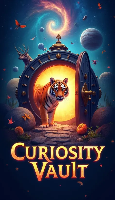 Design a captivating YouTube channel banner for Curiosity Vault. The theme is exploration and discovery across all aspects of life. Center the composition with a glowing vault partially open, from which diverse elements like a majestic tiger, beautifully c...