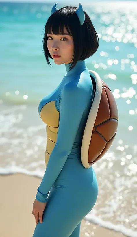 A beautiful Chinese woman wearing a Squirtle-inspired cosplay suit, designed with a sleek, modern twist while staying true to the character. The suit is a vibrant blue with a smooth, aquatic texture, featuring a detailed turtle shell on her back with a glo...